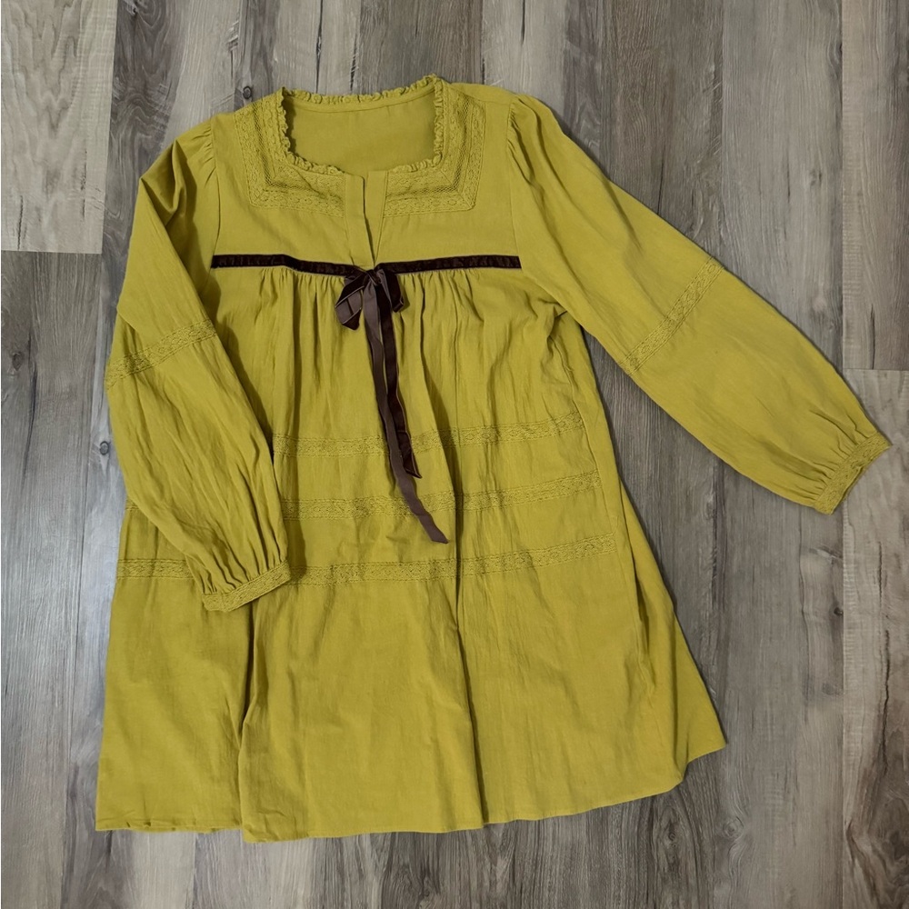 Yellow Long Sleeve Dress with Brown Ribbon